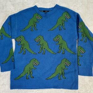 Fun Forever 21 Womens Blue Dinosaur Pixel Knit Sweater Size Medium Y2K